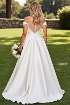 Ivory Satin Sweep Train Off the Shoulder Wedding Dress with Beading