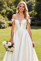 Load image into Gallery viewer, Ivory Satin Sweep Train Off the Shoulder Wedding Dress with Beading