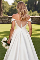 Load image into Gallery viewer, Ivory Satin Sweep Train Off the Shoulder Wedding Dress with Beading