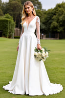 Load image into Gallery viewer, White Satin Sweep Train Illusion V Neck Wedding Dress with Lace