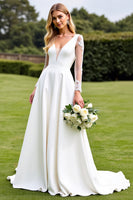 Load image into Gallery viewer, White Satin Sweep Train Illusion V Neck Wedding Dress with Lace