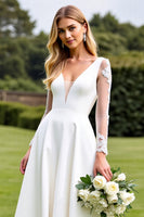 Load image into Gallery viewer, White Satin Sweep Train Illusion V Neck Wedding Dress with Lace