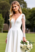 Load image into Gallery viewer, White Satin Sweep Train Illusion V Neck Wedding Dress with Lace