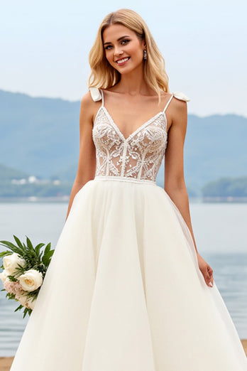 Ivory Organza Sweep Train V Neck Ball Gown Wedding Dress with Bow