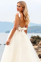 Load image into Gallery viewer, Ivory Organza Sweep Train V Neck Ball Gown Wedding Dress with Bow