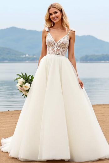 Ivory Organza Sweep Train V Neck Ball Gown Wedding Dress with Bow