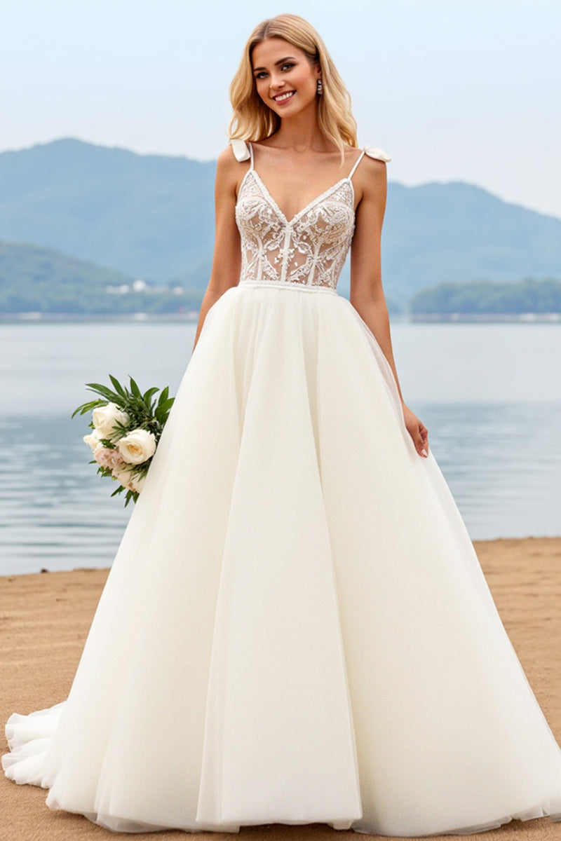 Load image into Gallery viewer, Ivory Organza Sweep Train V Neck Ball Gown Wedding Dress with Bow