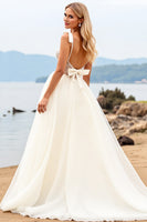 Load image into Gallery viewer, Ivory Organza Sweep Train V Neck Ball Gown Wedding Dress with Bow