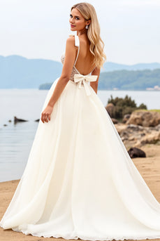 Ivory Organza Sweep Train V Neck Ball Gown Wedding Dress with Bow