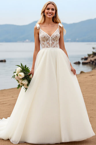 Ivory Organza Sweep Train V Neck Ball Gown Wedding Dress with Bow