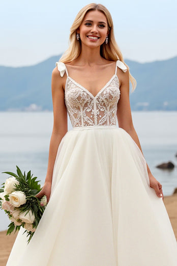 Ivory Organza Sweep Train V Neck Ball Gown Wedding Dress with Bow