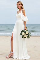 Load image into Gallery viewer, White Chiffon Sweep Train Cold Shoulder Ruched Boho Wedding Dress with Slit