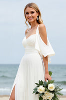 Load image into Gallery viewer, White Chiffon Sweep Train Cold Shoulder Ruched Boho Wedding Dress with Slit