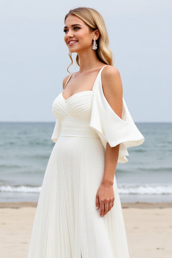 White Chiffon Sweep Train Cold Shoulder Ruched Boho Wedding Dress with Slit