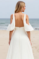 Load image into Gallery viewer, White Chiffon Sweep Train Cold Shoulder Ruched Boho Wedding Dress with Slit