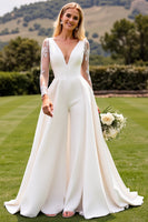 Load image into Gallery viewer, Ivory Satin Sweep Train V Neck Wedding Jumpsuits with Lace
