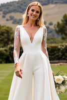 Load image into Gallery viewer, Ivory Satin Sweep Train V Neck Wedding Jumpsuits with Lace
