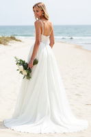 Load image into Gallery viewer, Ivory Organza Sweep Train Spaghetti Straps Boho Wedding Dress with Sequins