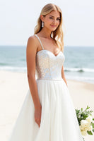 Load image into Gallery viewer, Ivory Organza Sweep Train Spaghetti Straps Boho Wedding Dress with Sequins