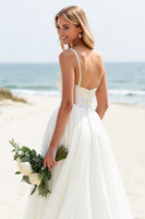Load image into Gallery viewer, Ivory Organza Sweep Train Spaghetti Straps Boho Wedding Dress with Sequins