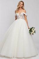 Load image into Gallery viewer, Ivory Organza Floor Length Off the Shoulder Ball Gown Wedding Dress with Lace