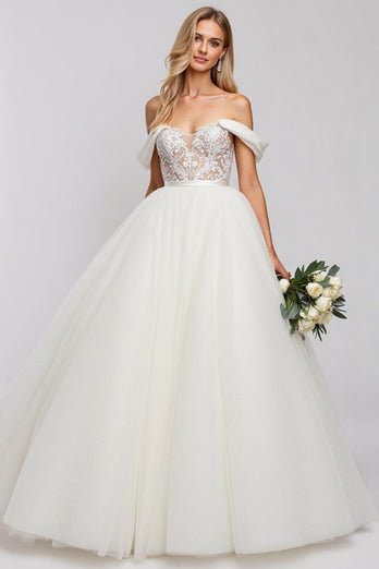 Ivory Organza Floor Length Off the Shoulder Ball Gown Wedding Dress with Lace