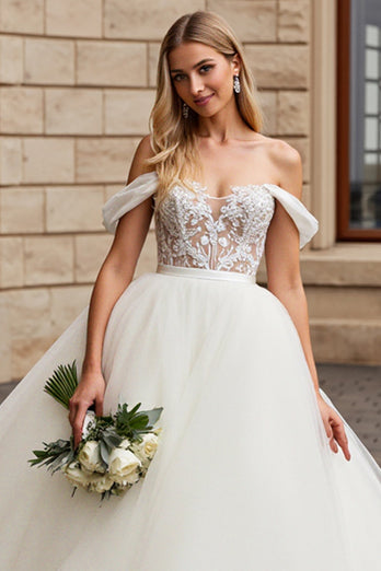 Ivory Organza Floor Length Off the Shoulder Ball Gown Wedding Dress with Lace