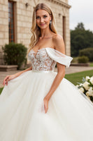 Load image into Gallery viewer, Ivory Organza Floor Length Off the Shoulder Ball Gown Wedding Dress with Lace