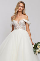 Load image into Gallery viewer, Ivory Organza Floor Length Off the Shoulder Ball Gown Wedding Dress with Lace