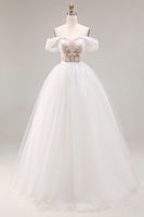 Load image into Gallery viewer, Ivory Organza Floor Length Off the Shoulder Ball Gown Wedding Dress with Lace