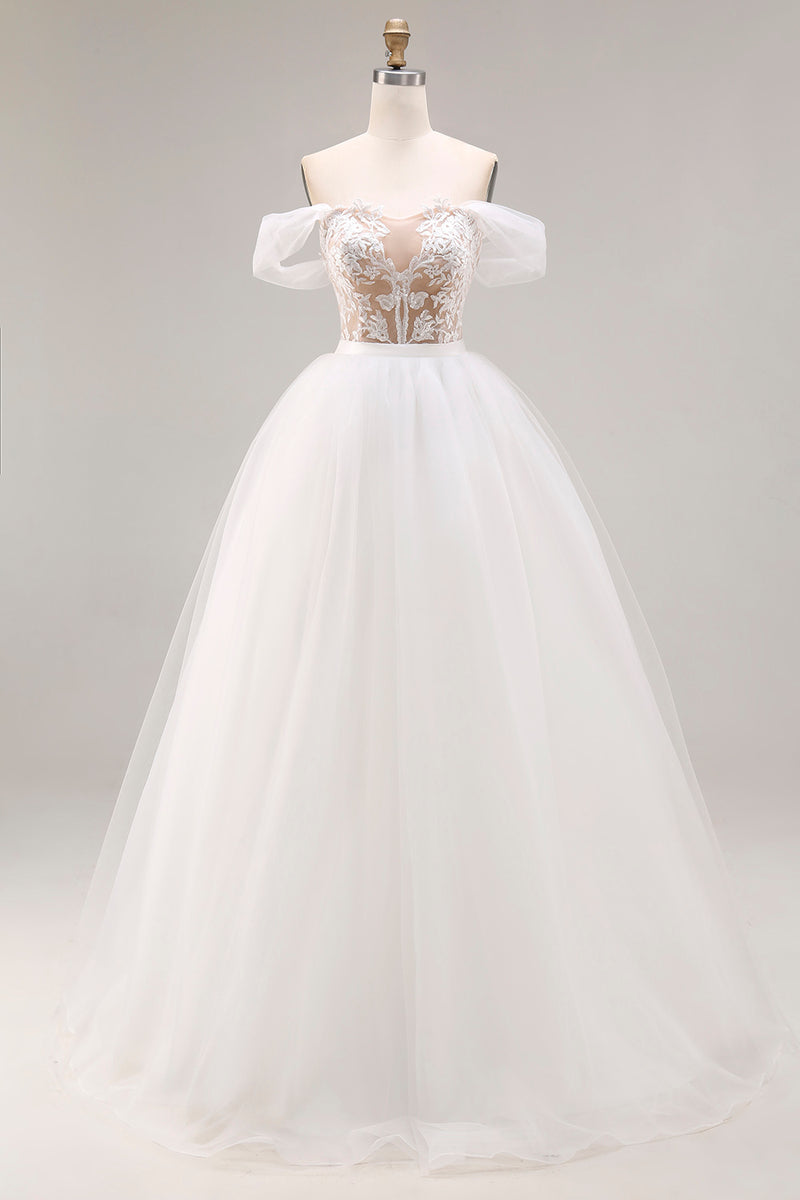Load image into Gallery viewer, Ivory Organza Floor Length Off the Shoulder Ball Gown Wedding Dress with Lace