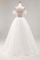Load image into Gallery viewer, Ivory Organza Floor Length Off the Shoulder Ball Gown Wedding Dress with Lace