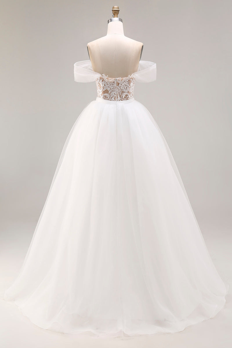Load image into Gallery viewer, Ivory Organza Floor Length Off the Shoulder Ball Gown Wedding Dress with Lace