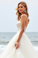 Load image into Gallery viewer, Ivory Organza Sweep Train Strapless Ball Gown Wedding Dress with Appliques