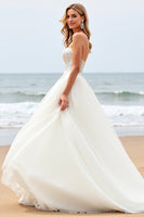 Load image into Gallery viewer, Ivory Organza Sweep Train Strapless Ball Gown Wedding Dress with Appliques