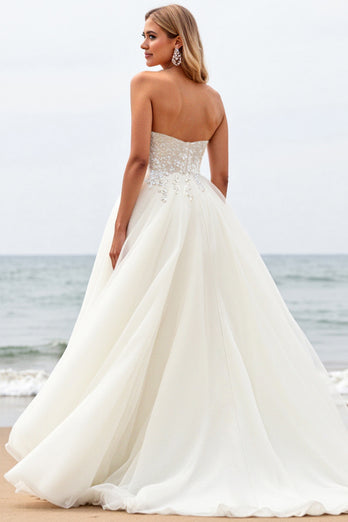 Ivory Organza Sweep Train Strapless Ball Gown Wedding Dress with Appliques