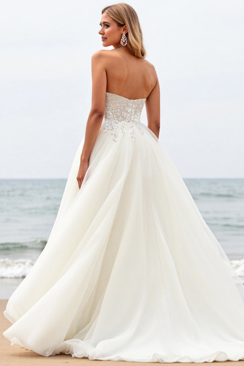 Load image into Gallery viewer, Ivory Organza Sweep Train Strapless Ball Gown Wedding Dress with Appliques