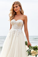 Load image into Gallery viewer, Ivory Organza Sweep Train Strapless Ball Gown Wedding Dress with Appliques