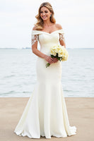 Load image into Gallery viewer, Ivory Satin Sweep Train Off the Shoulder Mermaid Wedding Dress with Lace