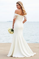Load image into Gallery viewer, Ivory Satin Sweep Train Off the Shoulder Mermaid Wedding Dress with Lace