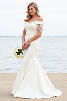 Load image into Gallery viewer, Ivory Satin Sweep Train Off the Shoulder Mermaid Wedding Dress with Lace
