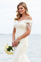 Load image into Gallery viewer, Ivory Satin Sweep Train Off the Shoulder Mermaid Wedding Dress with Lace