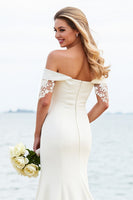 Load image into Gallery viewer, Ivory Satin Sweep Train Off the Shoulder Mermaid Wedding Dress with Lace