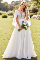 Load image into Gallery viewer, Ivory Chiffon V Neck Sweep Train Boho Wedding Dress with Cape