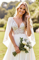 Load image into Gallery viewer, Ivory Chiffon V Neck Sweep Train Boho Wedding Dress with Cape