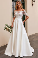 Load image into Gallery viewer, Ivory Satin A Line Off the Shoulder Sweep Train Wedding Dress with Lace