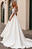 Load image into Gallery viewer, Ivory Satin A Line Off the Shoulder Sweep Train Wedding Dress with Lace