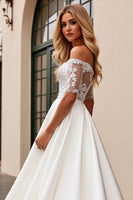 Load image into Gallery viewer, Ivory Satin A Line Off the Shoulder Sweep Train Wedding Dress with Lace