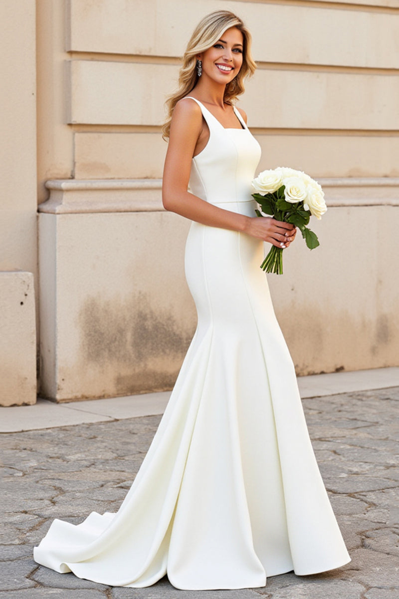 Load image into Gallery viewer, Simple Ivory Satin Square Neck Sweep Train Mermaid Wedding Dress