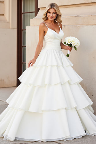 Ivory Satin Spaghetti Straps Sweep Train Ball Gown Wedding Dress with Ruffles